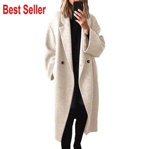 Oversized Wool Blend Pea Coat Double Breasted Notch Lapel Winter Overcoat